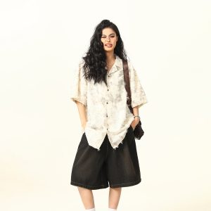 High-End Tassel Shirt for Women - Personalized Trendy Suit Collar Short-Sleeve Top, Chic Fashion Statement, Perfect for Y2K Style