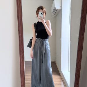 High-End Textured Satin Wide-Leg Pants for Tall Individuals - Lightweight Spring/Summer Imitation Acetate Trousers