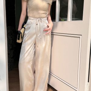 High-End Textured Satin Wide-Leg Pants for Tall Individuals - Lightweight Spring/Summer Imitation Acetate Trousers
