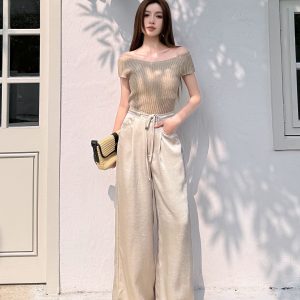 High-End Textured Satin Wide-Leg Pants for Tall Individuals - Lightweight Spring/Summer Imitation Acetate Trousers
