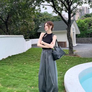 High-End Textured Satin Wide-Leg Pants for Tall Individuals - Lightweight Spring/Summer Imitation Acetate Trousers