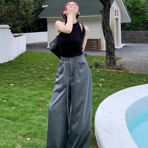 High-End Textured Satin Wide-Leg Pants for Tall Individuals - Lightweight Spring/Summer Imitation Acetate Trousers