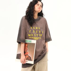 High-End Vintage Wash Gradient Short Sleeve T-Shirt for Men and Women - Trendy Heavyweight Couples Tee