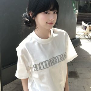 High-End White Embroidered Letter Short Sleeve T-Shirt for Women, Summer 2025 American Style Heavyweight Cotton Top
