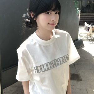 High-End White Embroidered Letter Short Sleeve T-Shirt for Women, Summer 2025 American Style Heavyweight Cotton Top