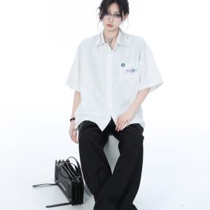 High-End White Short Sleeve Shirt for Women, Unique Loose Casual Design, Trendy Summer Fashion
