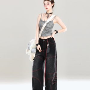 High-End Women's Straight-Leg Jeans - American Style Loose-Fit Wide-Leg Long Pants for Summer 2025, Slimming Design, Trendy Fashion