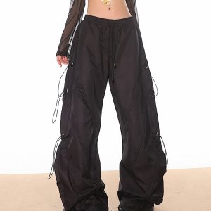 High-End Women's Wide-Leg Curved Knife Drawstring Cargo Pants - 2025 Fashion Trend, Slim Fit, Chic Paris Style