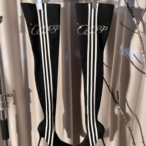 High Heeled Long Boots for Women - Slim Three Stripes Design with Rhinestones, Elastic Fit, Autumn/Winter Fashion, Hot Girl Style