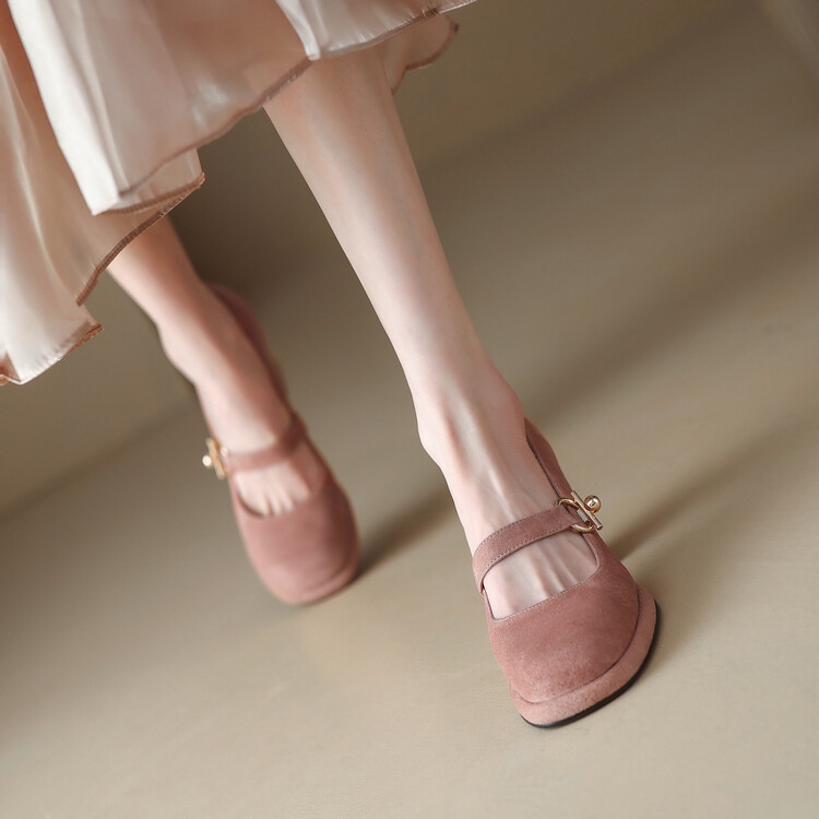 High-Heeled Mary Jane Shoes for Women - Chunky Heel, Single Strap, Genuine Leather, Elegant Wedding Banquet Style