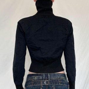 High-Neck Metallic Zipper Short Jacket for Women - Unisex Trendy Cyber Warrior Style with Elastic Waist, Cool 90s-Inspired Fashion