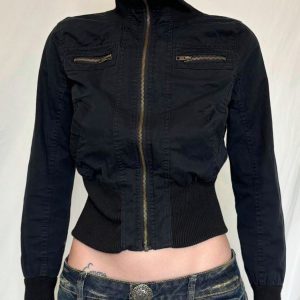 High-Neck Metallic Zipper Short Jacket for Women - Unisex Trendy Cyber Warrior Style with Elastic Waist, Cool 90s-Inspired Fashion