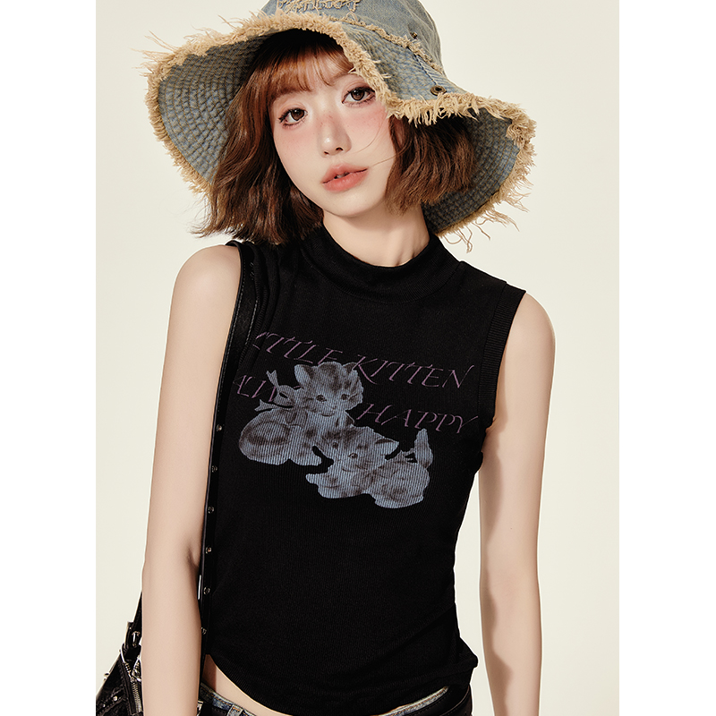 High-Neck Printed Black T-Shirt Top for Women - Spicy Girl Summer Vest, Slim Fit American Style, Trendy and Chic