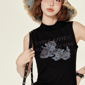 High-Neck Printed Black T-Shirt Top for Women - Spicy Girl Summer Vest, Slim Fit American Style, Trendy and Chic