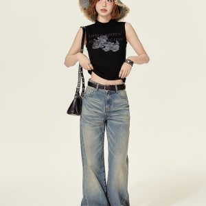 High-Neck Printed Black T-Shirt Top for Women - Spicy Girl Summer Vest, Slim Fit American Style, Trendy and Chic