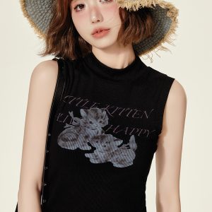 High-Neck Printed Black T-Shirt Top for Women - Spicy Girl Summer Vest, Slim Fit American Style, Trendy and Chic