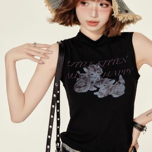 High-Neck Printed Black T-Shirt Top for Women - Spicy Girl Summer Vest, Slim Fit American Style, Trendy and Chic