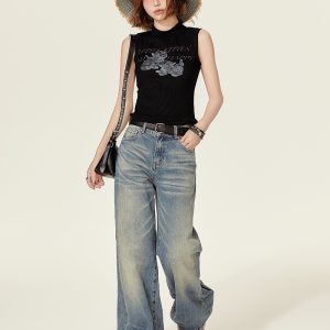 High-Neck Printed Black T-Shirt Top for Women - Spicy Girl Summer Vest, Slim Fit American Style, Trendy and Chic