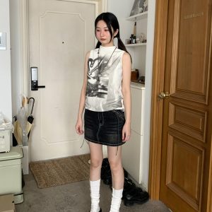 High-Neck Sleeveless Graffiti Tank Top - Trendy Casual Streetwear for Summer, Boho Style, Urban Fashion, 90s Inspired