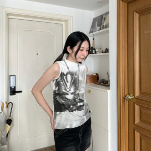 High-Neck Sleeveless Graffiti Tank Top - Trendy Casual Streetwear for Summer, Boho Style, Urban Fashion, 90s Inspired