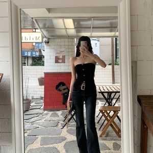 High-Quality Comic Print Long Legs Women's Vintage Mid-High Waist Slimming Flared Jeans for Summer Fashion