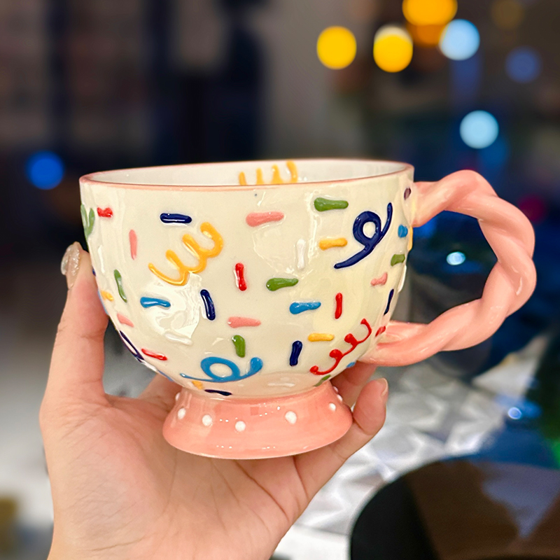 High-Quality Girls' Ceramic Drinking Cup with Underglaze Color and Spoon for Yogurt and Oatmeal Breakfast