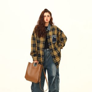 High-Quality Retro Checkered Shirt for Women, Loose Yellow Plaid Top, Versatile Fall Fashion, Vintage Style, 90s Inspired