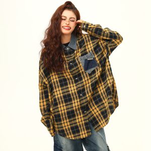 High-Quality Retro Checkered Shirt for Women, Loose Yellow Plaid Top, Versatile Fall Fashion, Vintage Style, 90s Inspired