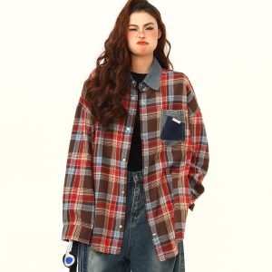 High-Quality Retro Checkered Shirt for Women, Loose Yellow Plaid Top, Versatile Fall Fashion, Vintage Style, 90s Inspired