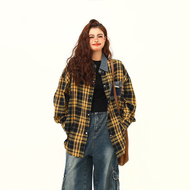High-Quality Retro Checkered Shirt for Women, Loose Yellow Plaid Top, Versatile Fall Fashion, Vintage Style, 90s Inspired