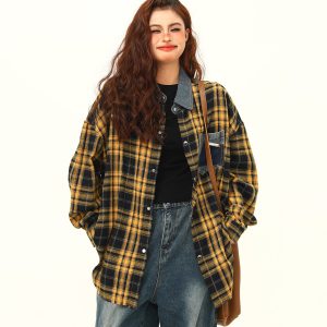 High-Quality Retro Checkered Shirt for Women, Loose Yellow Plaid Top, Versatile Fall Fashion, Vintage Style, 90s Inspired
