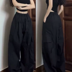 High Street American Cargo Pants for Women - Loose Casual Straight-Leg Hip-Hop K-Pop Dance Wear, Wide-Leg Sports Pants