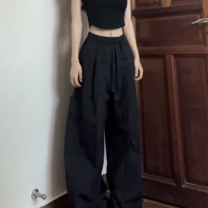 High Street American Cargo Pants for Women - Loose Casual Straight-Leg Hip-Hop K-Pop Dance Wear, Wide-Leg Sports Pants