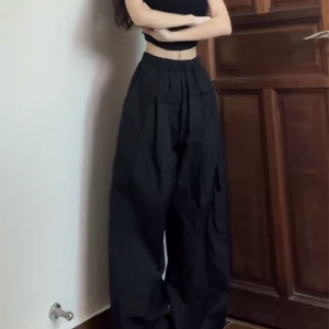 High Street American Cargo Pants for Women - Loose Casual Straight-Leg Hip-Hop K-Pop Dance Wear, Wide-Leg Sports Pants