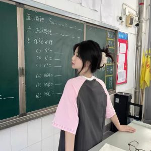 High Street Color-Blocking Short Sleeve T-Shirt for Women - Pink & Dark Gray, Trendy Summer Top for Juniors, Y2K Style