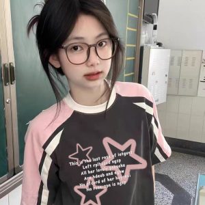 High Street Color-Blocking Short Sleeve T-Shirt for Women - Pink & Dark Gray, Trendy Summer Top for Juniors, Y2K Style