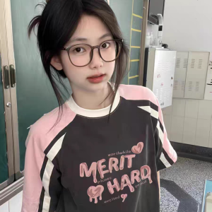 High Street Color-Blocking Short Sleeve T-Shirt for Women - Pink & Dark Gray, Trendy Summer Top for Juniors, Y2K Style