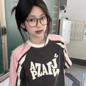 High Street Color-Blocking Short Sleeve T-Shirt for Women - Pink & Dark Gray, Trendy Summer Top for Juniors, Y2K Style