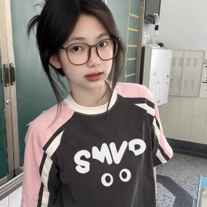 High Street Color-Blocking Short Sleeve T-Shirt for Women - Pink & Dark Gray, Trendy Summer Top for Juniors, Y2K Style