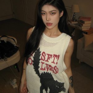 High Street Hollow-Out Vest for Women - Summer Cat Jacquard Knitted Top, Loose Hip-Hop Style, American 90s Fashion