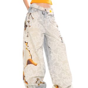 High Street Slimming Casual Wide-Leg Denim Pants with Fire-Burn Lace Print - Trendy 90s Inspired Heavyweight Design