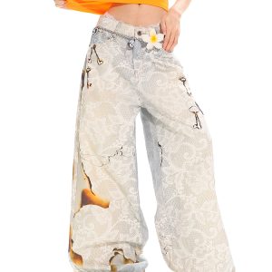 High Street Slimming Casual Wide-Leg Denim Pants with Fire-Burn Lace Print - Trendy 90s Inspired Heavyweight Design