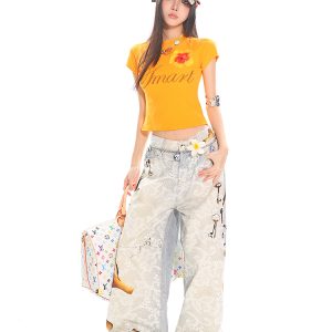High Street Slimming Casual Wide-Leg Denim Pants with Fire-Burn Lace Print - Trendy 90s Inspired Heavyweight Design