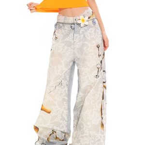 High Street Slimming Casual Wide-Leg Denim Pants with Fire-Burn Lace Print - Trendy 90s Inspired Heavyweight Design