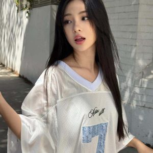 High Street V-Neck Short Sleeve Women's Summer Digital Print Jersey T-Shirt, Unique Loose Color-Blocking Top, American Style