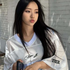 High Street V-Neck Short Sleeve Women's Summer Digital Print Jersey T-Shirt, Unique Loose Color-Blocking Top, American Style