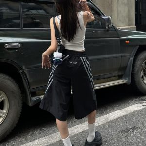 High Street Vintage Black Shorts for Women - Summer Loose Fit Three-Stripe Cropped Wide-Leg Sports Pants