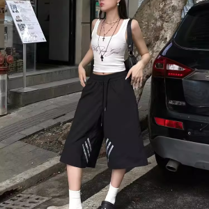 High Street Vintage Black Shorts for Women - Summer Loose Fit Three-Stripe Cropped Wide-Leg Sports Pants