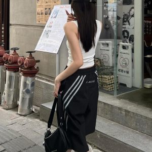 High Street Vintage Black Shorts for Women - Summer Loose Fit Three-Stripe Cropped Wide-Leg Sports Pants