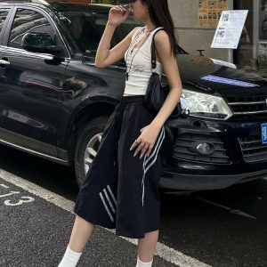 High Street Vintage Black Shorts for Women - Summer Loose Fit Three-Stripe Cropped Wide-Leg Sports Pants